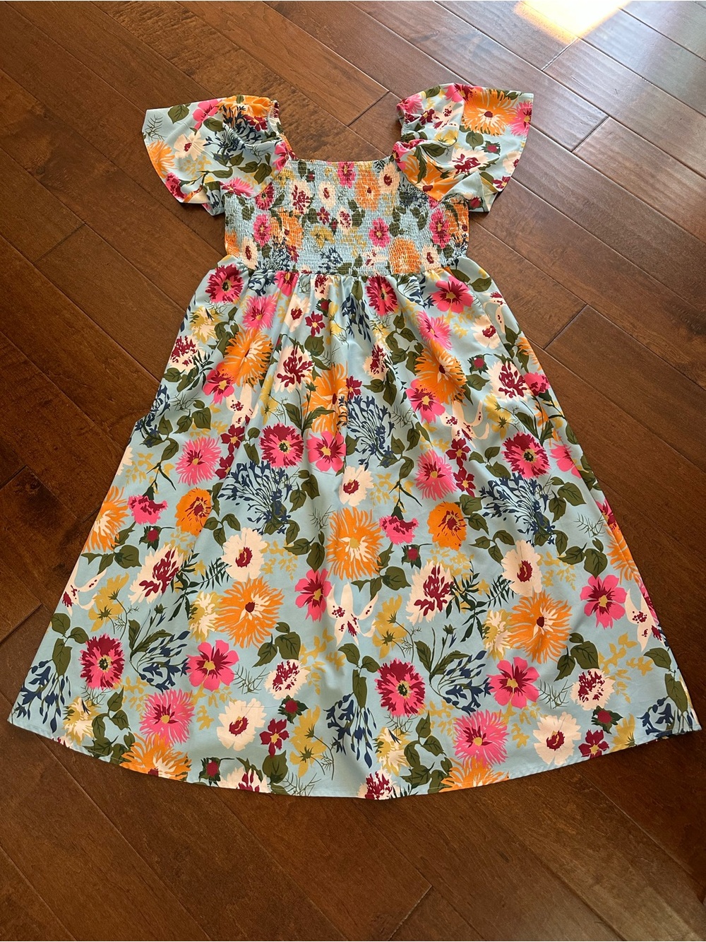 BloomChic 2X Floral Smocked Midi Dress Blue Boho Flutter Sleeve Pockets - Picture 2 of 6